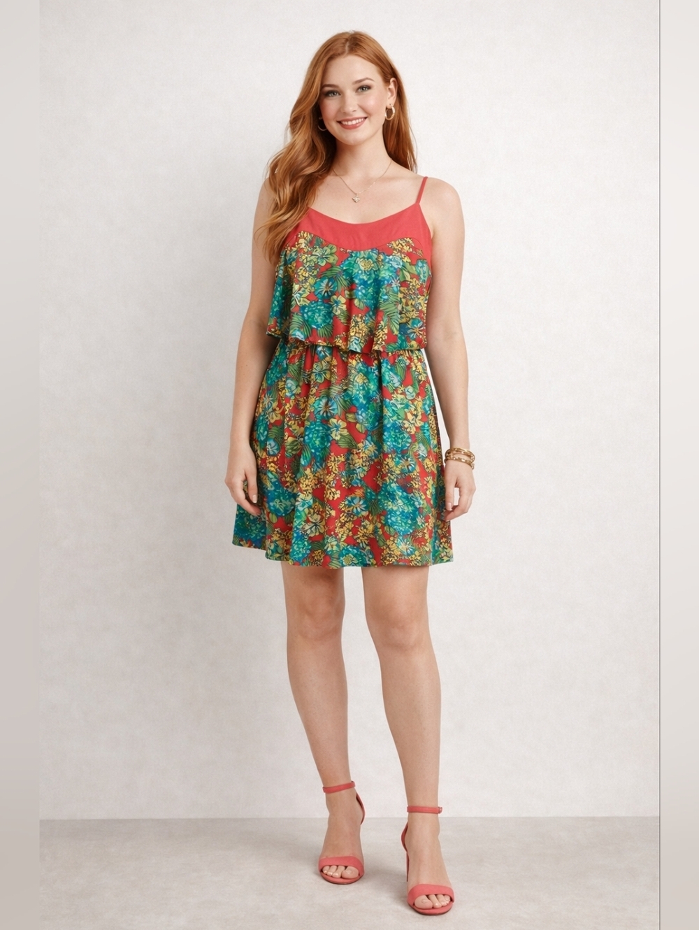 Red Camel XS Floral Ruffle Mini Dress Coral Teal Spaghetti Strap